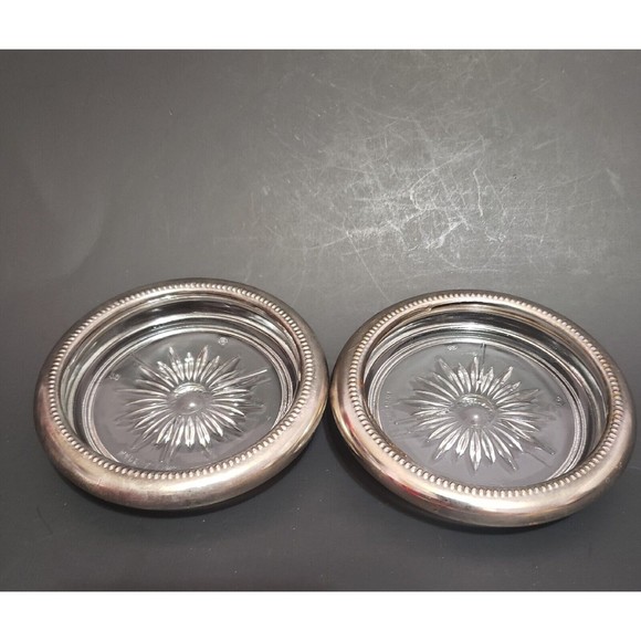 Leonard Silver plate Starburst Cut Crystal Coasters Lot of 2 ITALY - Picture 3 of 10